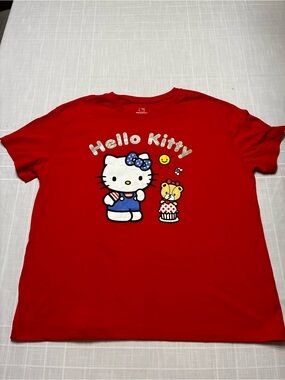 Hello Kitty Red Tee with Blue Bow and White Character Print